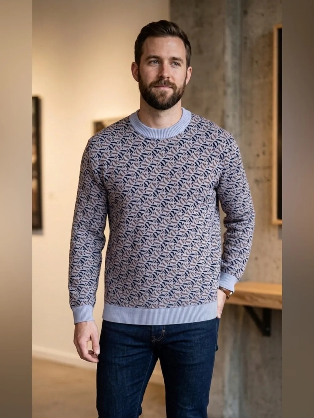 ASOS men’s  Black ,Tan and Gray Crewneck Sweater with Geometric Pattern size S